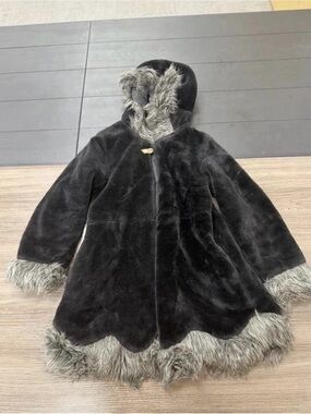 Sheared beaver Black plush thick Faux Fur with grey Trim Hooded Cape coat